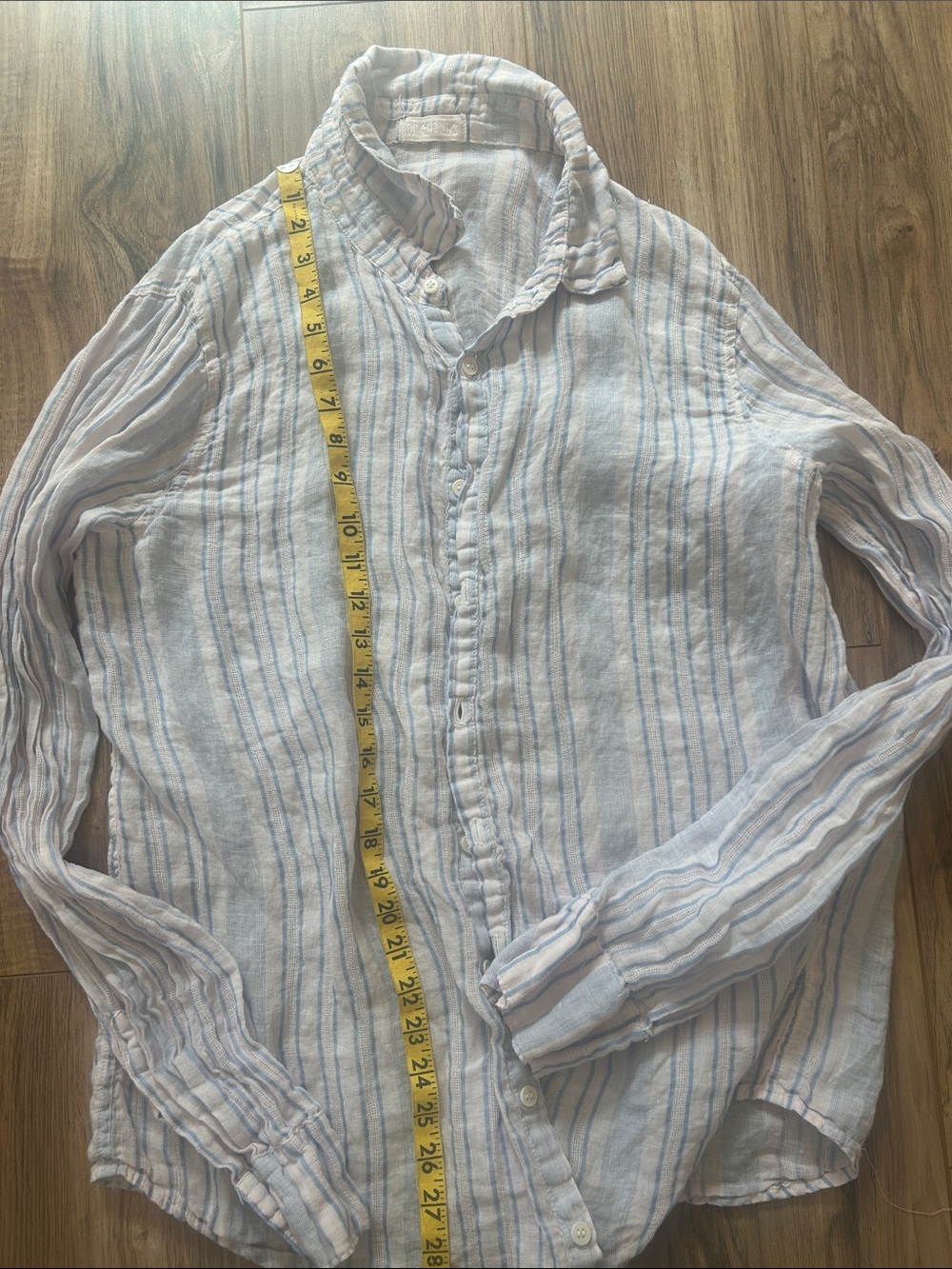 CP SHADES Sheer Pinkish White 100% Linen Blouse with Light Blue Stripes